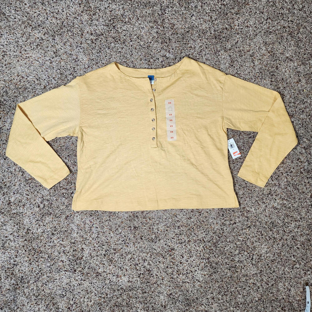 Old Navy Henley Long Sleeve Top Butter Yellow Slight Crop 1/2 Button NWT Size XS